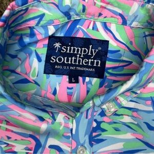 Simply Southern Tropical Button Down Shirt Mens Large Palm Print Stretch